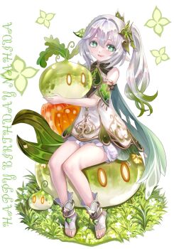 1girl bare_shoulders bloomers commentary_request cross-shaped_pupils dendro_slime_(genshin_impact) detached_sleeves dress fingernails full_body genshin_impact gold_trim gradient_hair green_eyes green_hair green_sleeves hair_between_eyes hair_ornament hair_tie happy_birthday highres holding leaf_hair_ornament long_hair looking_at_viewer miyashirokiyu multicolored_hair nahida_(genshin_impact) parted_lips pointy_ears side_ponytail sitting sleeveless sleeveless_dress slime_(genshin_impact) solo stirrup_legwear symbol-shaped_pupils teeth toeless_legwear toenails underwear white_background white_bloomers white_dress white_hair