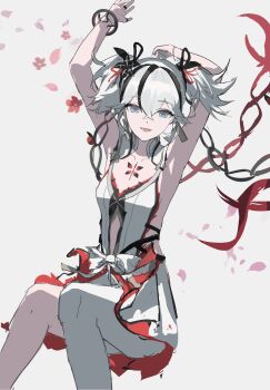 1girl absurdres arm_up black_flower blake_bloom_(wuthering_waves) breasts camellya_(wuthering_waves) collarbone commentary dress earrings flower gold_earrings grey_background hair_between_eyes hair_flower hair_ornament hair_vines highres jewelry looking_at_viewer medium_breasts open_mouth pantyhose red_pupils short_hair simple_background single_leg_pantyhose smile solo tacet_mark_(wuthering_waves) white_dress white_pantyhose wuthering_waves zhongyuanqing