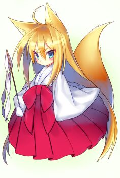 1girl ahoge animal_ears blonde_hair blue_eyes blush chibi commentary_request expressionless fox_ears fox_girl fox_tail full_body gohei hakama hakama_skirt highres japanese_clothes kimono long_hair miko original red_hakama sasaki_shou skirt solo tail very_long_hair