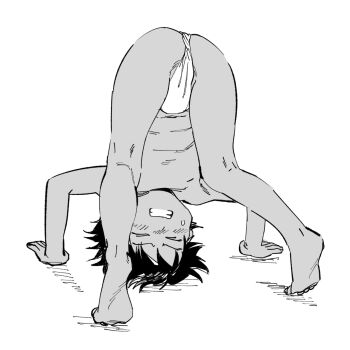 1boy ass closed_eyes dark-skinned_male dark_skin full_body fundoshi headstand highres japanese_clothes male_focus monochrome original short_hair shota sibelius solo sweatdrop