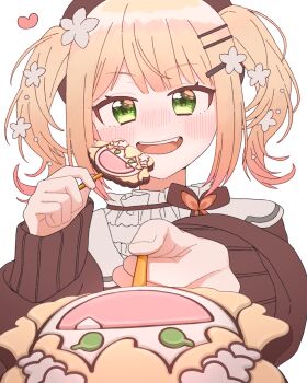 Rule 34 | 1girl, absurdres, beret, blonde hair, blunt bangs, blush, brown cardigan, cardigan, character-themed food, collar, commentary, feeding, flower, food, foreshortening, frilled collar, frills, gradient hair, green eyes, hair flower, hair ornament, hairclip, hat, heart, highres, hololive, incoming food, karashioo, looking at viewer, momosuzu nene, momosuzu nene (casual), multicolored hair, official alternate costume, official alternate hair length, official alternate hairstyle, open mouth, pink hair, sidelocks, simple background, smile, solo, swept bangs, teeth, twintails, untranslatable commentary, upper body, upper teeth only, virtual youtuber, white background, white flower