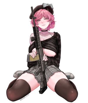 1girl absurdres bare_shoulders beret black_collar black_hat black_sweater black_thighhighs breasts cleavage collar fishnet_top fishnets foregrip grey_shoes grey_skirt gun hat highres holding holding_gun holding_weapon huge_breasts long_sleeves looking_at_viewer m4skedboi off_shoulder original pink_eyes pink_hair pink_lips plaid_clothes plaid_skirt pleated_skirt shoes short_hair simple_background single_off_shoulder sitting skirt solo striped_clothes striped_sweater sweat sweater thighhighs twitter_username underboob wariza weapon white_background