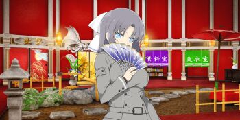 1girl architecture bamboo_fence belt belt_buckle blue_eyes blue_flower bookshelf bow breasts buckle buttons covering_own_mouth double-breasted dragon_statue east_asian_architecture fan_over_face fan_to_mouth fence flower folding_fan folding_screen fusuma gessen_academy_school_uniform grey_belt grey_hair grey_jacket hair_bow hand_fan highres holding holding_fan indoors jacket large_breasts long_sleeves looking_at_viewer moss official_art oil-paper_umbrella paper_fan plant pond potted_plant purple_flower rock school_uniform senran_kagura senran_kagura_new_link senran_kagura_shinovi_versus shishi_odoshi short_hair sliding_doors solo statue stone_lantern striped_bow umbrella white_bow yellow_flower yumi_(senran_kagura)