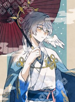 1boy alternate_costume blue_hair commentary_request earrings fog halo halo_behind_head halo_downfall head_wings highres holding holding_umbrella honkai:_star_rail honkai_(series) japanese_clothes jewelry kimono medium_hair oil-paper_umbrella piercing sash sunday_(honkai:_star_rail) umbrella wings yellow_eyes