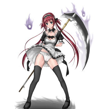 Rule 34 | airi (queen's blade), ass, breasts, green eyes, highres, long hair, maid, maid headdress, minus majin, panties, queen's blade, red hair, scythe, skirt, skirt flip, thighhighs, twintails, underwear, upskirt