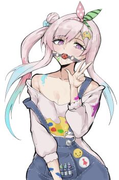 1girl absurdres airani_iofifteen ball_gag ball_gag_progress_bar_(meme) blue_hair breasts gag gradient_hair hair_bun hair_ornament hairband highres hololive hololive_indonesia long_hair looking_at_viewer meme multicolored_hair paint_splatter palette_hair_ornament pink_hair purple_eyes side_ponytail sidelocks sio4_4 smile solo virtual_youtuber