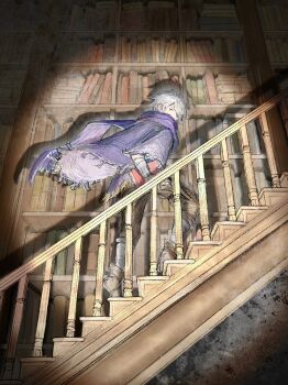 1boy bandaged_arm bandages book cloak commentary_request hair_over_one_eye highres holding holding_book male_focus octopath_traveler octopath_traveler_i purple_cloak purple_scarf qqqqqli scarf short_hair solo spotlight stairs therion_(octopath_traveler) white_hair