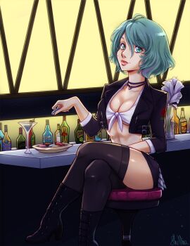 ahoge asymmetrical_hair bar_(place) bar_stool black_boots black_choker black_jacket black_thighhighs boots breasts choker cleavage cocktail_glass commission cup dead_or_alive dead_or_alive_xtreme dead_or_alive_xtreme_venus_vacation drinking_glass food green_eyes green_hair highres jacket looking_at_viewer macaron multicolored_hair red_streaks shinaa_(maddynshinaa) signature stool streaked_hair tamaki_(doa) thighhighs