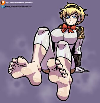 1girl aigis_(persona) android barefoot blonde_hair blue_eyes bow breasts commentary english_commentary feet finger_cannon foot_focus highres joints persona persona_3 reathroch robot_girl robot_joints short_hair simple_background soles solo sweat toenails toes