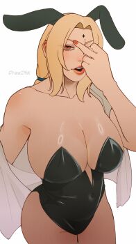 1girl absurdres animal_ears artist_name black_leotard blonde_hair breasts drawink facial_mark fake_animal_ears forehead_mark highres large_breasts leotard looking_at_viewer mature_female middle_finger nail_polish naruto_(series) orange_eyes playboy_bunny ponytail rabbit_ears red_nails solo strapless strapless_leotard tsunade_(naruto) white_background