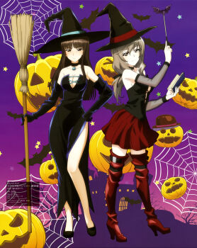2girls absurdres anime_coloring armpit_crease bare_shoulders bat_(animal) black_choker black_dress black_gloves black_hat blunt_bangs book boots breasts broom brown_eyes brown_hair choker cleavage closed_mouth collarbone copyright_name copyright_notice cross-laced_clothes cross-laced_dress detached_sleeves dress elbow_gloves full_body girls_und_panzer gloves halloween halloween_costume hat high_heel_boots high_heels highres holding holding_book holding_broom holding_wand itou_takeshi jack-o&#039;-lantern light_smile long_dress long_hair looking_at_viewer magazine_scan mc_axis medium_breasts multiple_girls nishizumi_shiho official_art pendant_choker purple_background red_boots scan see-through_clothes see-through_sleeves shimada_chiyo short_dress side_slit sidelocks silk smile spider_web star_(symbol) strapless strapless_dress thigh_boots two-tone_dress v-shaped_eyebrows wand witch witch_hat