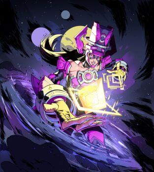 1girl 2girls bare_shoulders black_hair blue_clouds crystal dark_background energy fingerless_gloves galacta gem giant giantess gloves helmet highres leo_chiola long_hair marvel marvel_snap multicolored_helmet multiple_girls official_art planet purple_eyes purple_helmet shoulder_pads solo space teeth