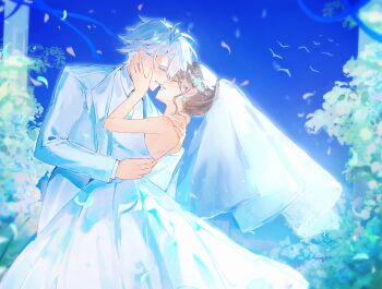 1boy 1girl alternate_costume alternate_hairstyle annann_nna antenna_hair bare_arms bare_shoulders black_jacket blurry bridal_veil bride closed_eyes collared_shirt commentary couple cowboy_shot curtained_hair depth_of_field dress earrings falling_petals formal_clothes from_side glint grey_hair groom hair_between_eyes hair_bun hair_ornament hair_up hand_on_another&#039;s_back hand_on_another&#039;s_cheek hand_on_another&#039;s_face hand_on_another&#039;s_neck happy hetero highres honkai:_star_rail honkai_(series) husband_and_wife imminent_kiss jacket jewelry leaf light_blush long_sleeves nail_polish open_mouth outdoors parted_bangs parted_lips petals phainon_(honkai:_star_rail) ring shirt simple_bird single_hair_bun sleeveless sleeveless_dress smile standing stelle_(honkai:_star_rail) suit symbol-only_commentary trailblazer_(honkai:_star_rail) veil wedding wedding_dress wedding_ring white_hair white_nails white_shirt white_suit white_veil