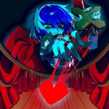 1other 7szndc blue_hair blue_skin chain colored_skin commentary curtains deltarune heart highres kris_(dark_world)_(deltarune) kris_(deltarune) marionette puppet puppet_strings red_eyes short_hair signature soul_(deltarune) stage symbol-only_commentary utdr_(toby_fox)