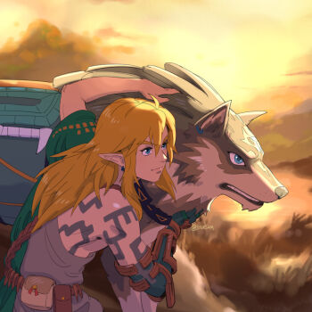 2boys artist_name blonde_hair blue_eyes body_marking clenched_teeth closed_mouth grass green_shirt hand_on_another's_head highres link looking_to_the_side mechanical_arms multiple_boys nintendo pointy_ears shirt stup-jam sunset teeth the_legend_of_zelda the_legend_of_zelda:_tears_of_the_kingdom the_legend_of_zelda:_twilight_princess twitter_username wolf wolf_link