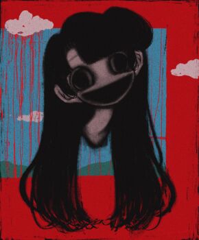 1girl black_eyes black_hair border cloud commentary_request crazy_smile day disembodied_head gestart333 highres long_neck looking_at_viewer no_nose original parted_bangs rain raining_blood red_border smile solo wide_mouth