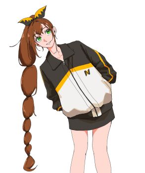 1girl alternate_costume arthropod_girl bare_legs brown_hair collarbone goku_stubushi green_eyes hair_ribbon hands_in_pockets head_tilt high_ponytail highres jacket light_smile lips long_hair looking_at_viewer multi-tied_hair open_mouth parted_lips ponytail re:zero_kara_hajimeru_isekai_seikatsu ribbon scorpion_girl shaula_(re:zero) sidelocks simple_background smile solo sportswear teeth white_background