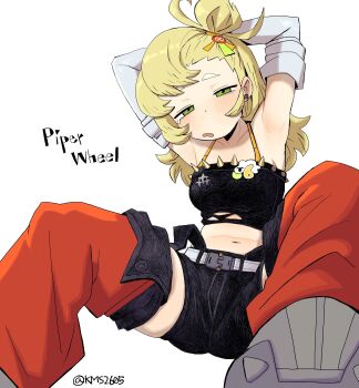 1girl arms_behind_head black_shorts blonde_hair commentary_request crop_top detached_pants green_eyes hair_bun highres kms2605 korean_commentary long_hair midriff navel pants piper_wheel red_pants shorts simple_background single_side_bun solo spiked_shirt white_background zenless_zone_zero