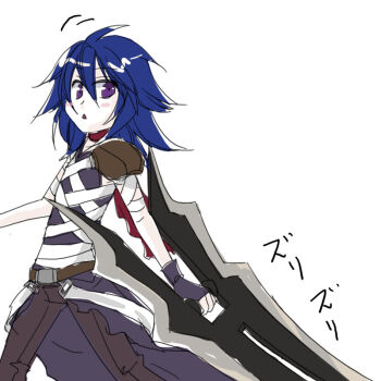 1boy armor assassin_(ragnarok_online) bandages bandages_over_clothes blue_hair brown_pants cape commentary_request cowboy_shot dagger holding holding_dagger holding_knife holding_weapon jamadhar knife long_hair looking_at_viewer looking_to_the_side male_focus open_mouth pants pauldrons purple_cape purple_eyes purple_shirt ragnarok_online shirt shoulder_armor simple_background sleeveless sleeveless_shirt solo toriria waist_cape walking weapon white_background