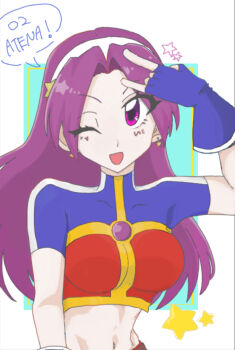 1girl asamiya_athena breasts female_focus hairband huge_breasts large_breasts long_hair looking_at_viewer one_eye_closed pale_skin pipopops555 purple_eyes purple_hair smile smiley_face star_(symbol) the_king_of_fighters the_king_of_fighters_2002 wink