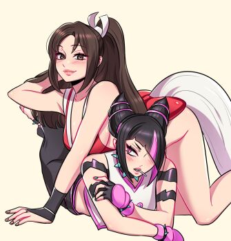 2girls black_hair blush breasts brown_eyes brown_hair choker closed_mouth commentary crossover fingerless_gloves gloves hair_horns hair_over_one_eye han_juri hashtag-only_commentary highres lollipop_in_mouth long_hair looking_at_another looking_at_viewer multiple_girls pants pink_eyes pink_hair ponytail shiranui_mai smile spiked_choker spikes street_fighter terokich the_king_of_fighters
