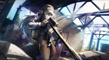 1girl ammunition_pouch arktic baseball_cap black_shorts blue_eyes bolt_action brick_wall brown_gloves brown_hair building chest_rig closed_mouth clothes_writing commentary container crate day dog_tags dutch_angle ear_protection english_commentary escape_from_tarkov generator gloves grey_jacket gun hat highres holding holding_dog_tags holding_weapon hood hooded_jacket jacket light_rays long_hair magazine_(weapon) on_one_knee original outdoors pantyhose patch pine_tree pouch remington_model_700 rifle sandbag scope shell_casing shorts shoulder_patch signature smoke smoke_trail sniper_rifle solo suppressor tree weapon