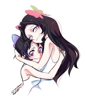 2girls bare_shoulders black_hair butterfly_hair_ornament commentary dress gradient_hair hair_ornament highres hug kimetsu_no_yaiba kochou_kanae kochou_shinobu long_hair looking_at_viewer multicolored_hair multiple_girls purple_eyes purple_hair short_hair siblings simple_background sisters sleeveless sleeveless_dress smile soyeonp19 symbol-only_commentary white_background white_dress