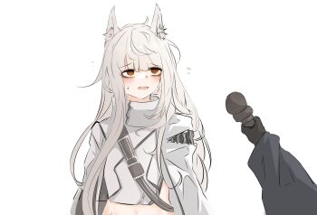 1girl animal_ear_fluff animal_ears arknights bai_yang blush brown_eyes cropped_jacket flying_sweatdrops highres holding holding_microphone horse_ears horse_girl interview jacket long_hair long_sleeves messy_hair microphone midriff open_mouth platinum_(arknights) solo_focus sweatdrop wavy_mouth white_hair white_jacket