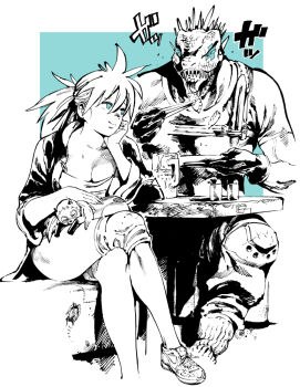 1boy 1girl 1other ahn_dongshik animal animal_head blue_background blue_cross blue_eyes breasts bug caiman_(dorohedoro) calves chest_harness chinese_clothes chopsticks cleavage closed_eyes closed_mouth clothed_animal cockroach creature crossed_legs demon_tail dorohedoro dumpling eating elbow_on_table eye_tattoo facial_mark fingernails food glass_mug gloves greyscale_with_colored_background hand_on_own_chin harness holding holding_chopsticks holding_plate insect jacket jiaozi kikurage_(dorohedoro) knee_pads large_breasts light_smile lips lizard lizardman long_hair looking_at_another mask nikaidou_(dorohedoro) nike_(company) no_socks open_clothes open_jacket open_mouth pants partially_colored patch pepper_shaker plate ponytail reptile_boy restaurant salt_shaker sharp_teeth simple_background sitting sleeping smile socks sound_effects spiked_hair spikes spot_color sweat table tail tank_top tattoo teeth thick_thighs thighs three-quarter_sleeves two-tone_background veins veiny_arms white_background
