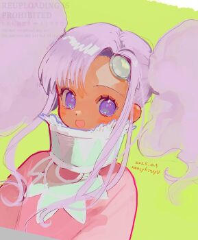 1girl artist_name blush dark-skinned_female dark_skin dated dress forehead_jewel green_background highres lace_trim long_hair looking_at_viewer meredy_(tales) nancykittyu open_mouth purple_eyes purple_hair simple_background smile solo tales_of_(series) tales_of_eternia twintails