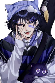 1boy alternate_costume animalization bandaid bandaid_on_face beanie black_hair black_nails blunt_ends casual cat chain chain_necklace collared_shirt contemporary cross cross_earrings e-kid_fashion ear_piercing earrings eyeliner eyeshadow facial_mark fangs feathers genshin_impact guitar_case hair_ornament hairclip hand_up hat headphones headphones_around_neck heart heart_facial_mark highres instrument_case jewelry long_sleeves makeup male_focus multiple_rings necklace open_mouth ornate_ring person_and_animalization piercing purple_cat purple_eyes purple_hat red_eyeliner red_eyeshadow ribbed_hat ring ritsu_0409 scaramouche_(cat)_(genshin_impact) scaramouche_(genshin_impact) shirt solo straight-on striped_sweater_vest tearing_up teeth tongue tongue_out tongue_piercing tsurime undershirt upper_body v white_background white_shirt white_sleeves yellow_feathers