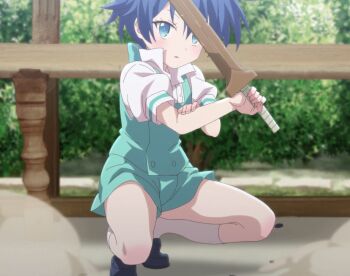 1boy androgynous aqua_eyes bare_legs blue_eyes lloyd_de_saloum screencap short_shorts shorts sword tagme tensei_shitara_dai_nana_oji_datta_no_de:_kimama_ni_majutsu_o_kiwamemasu trap weapon wooden_sword