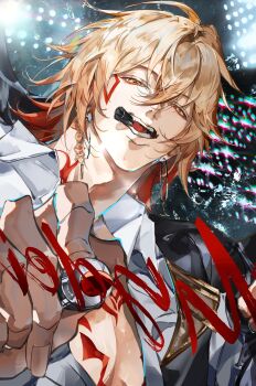 Rule 34 | 1boy, absurdres, ahoge, alternate costume, biting, blonde hair, braid, chest tattoo, facial tattoo, fangs, glass writing, hashtag-only commentary, highres, holding, holding marker, honkai: star rail, honkai (series), jacket, marker, medium hair, mydei (honkai: star rail), open clothes, pectoral cleavage, pectorals, red tattoo, rih0 amo, shirt, side braid, signature, tattoo, toned, toned male, yellow eyes