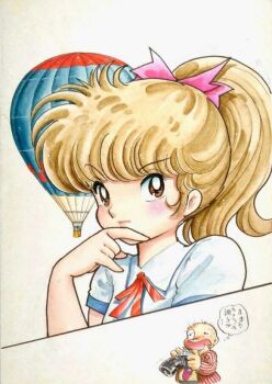 1980s_(style) 1boy 1girl aircraft artist_self-insert azuma_hideo blush brown_eyes brown_hair hot_air_balloon long_hair nekoyama_mia non-web_source official_art oldschool open_mouth pervert phallic_symbol ponytail retro_artstyle scrap_gakuen speech_bubble thought_bubble traditional_media translation_request upper_body
