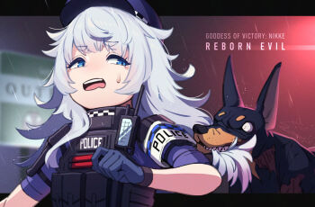 1girl biting_another&#039;s_hair blue_eyes blue_gloves bulletproof_vest copyright_name dog gloves goddess_of_victory:_nikke grey_hair hat long_hair open_mouth poli_(nikke) police police_hat police_uniform policewoman rain resident_evil sawasa solo sweatdrop tactical_clothes teeth upper_teeth_only walkie-talkie zombie