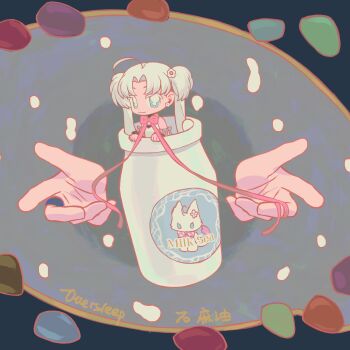 1girl absurdres ahoge bishoujo_senshi_sailor_moon blonde_hair blue_eyes bow chibi chibi_only double_bun hair_bun hair_ornament highres in_container long_hair oversleep ribbon sailor_moon solo tsukino_usagi twintails