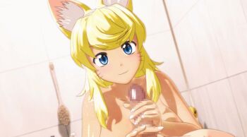 1boy 1girl 3d animal_ears animated animated_gif bath blonde_hair blue_eyes breasts censored fellatio handjob hetero large_breasts liru mixed-sex_bathing mosaic_censoring myu_ranran nipples oral penis pov renkin_san-kyuu_magical_pokaan shared_bathing tongue