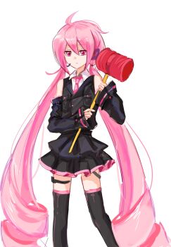 1girl ahoge bare_shoulders black_skirt black_sleeves black_thighhighs black_vest buttons closed_mouth collared_shirt detached_sleeves double-parted_bangs drill_hair feet_out_of_frame flat_chest frilled_skirt frills frown hair_between_eyes hammer hand_up hashtag-only_commentary headset highres holding holding_hammer jitome long_hair long_sleeves looking_at_viewer low_twintails miniskirt necktie oune_meno pink_eyes pink_hair pink_necktie pink_trim pleated_skirt pocket ramune55ni shirt sidelocks simple_background skirt sleeveless sleeveless_shirt solo standing striped_clothes thighhighs twin_drills twintails utau vertical-striped_clothes vest white_background white_shirt wide_sleeves zettai_ryouiki