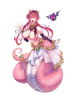 1girl arcanadea black_sleeves bracelet breasts detached_sleeves gem gold_bracelet green_gemstone hair_intakes highres jewelry lamia large_breasts linea_alba long_hair meltina_(arcanadea) monster_girl official_art one_eye_closed open_mouth pink_eyes pink_gemstone red_hair ring scales skirt smile tail tail_ornament white_background white_skirt z-ton