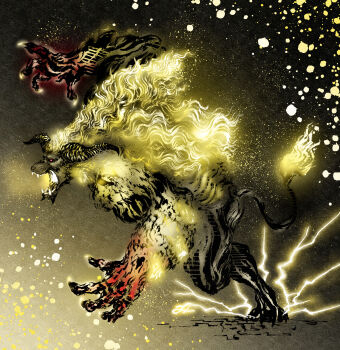 absurdres arm_up calligraphy_brush_(medium) chin_spike colored_skin deadpool_yuchan electricity electrokinesis enraged_rajang fangs full_body fur-tipped_tail glowing gradient_background highres horns monkey monster monster_focus monster_hunter_(series) multicolored_skin no_humans open_mouth rajang rajang_(monster_hunter) red_eyes red_skin solo tail tusks yellow_fur