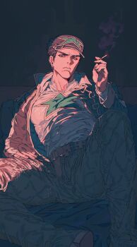 1boy absurdres black_hair chain cigarette dangsineun_meotjyeo! hashtag-only_commentary hat highres holding holding_cigarette jojo_no_kimyou_na_bouken kuujou_joutarou long_coat male_focus sitting smoke snake_print solo star_(symbol) stardust_crusaders stone_ocean