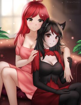 Rule 34 | 2girls, animal ears, artist name, black dress, black hair, breasts, cleavage, cleavage cutout, clothing cutout, collarbone, colored tips, commission, couch, dress, eye contact, freckles, gigamessy, hair ornament, hand on another's arm, hand on another's shoulder, happy, heart, heart hair ornament, highres, light blush, light particles, long sleeves, looking at another, medium breasts, multicolored hair, multiple girls, on couch, orange eyes, original, red dress, red eyes, red hair, sideways glance, signature, sitting, smile
