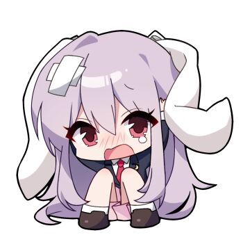 1girl animal_ears arms_up bandaid bandaid_on_head black_jacket black_outline black_shoes blush chibi chibi_only commentary hands_on_own_head highres jacket knees_up long_hair long_sleeves looking_at_viewer necktie nose_blush open_mouth outline pink_skirt pudding_(skymint_028) purple_hair rabbit_ears red_eyes red_necktie reisen_udongein_inaba shirt shoes simple_background sitting skirt socks solo symbol-only_commentary teardrop touhou very_long_hair white_background white_shirt white_socks
