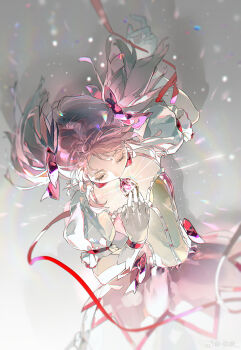 1girl absurdres bad_link black_dress bow bubble_skirt dress gloves hair_bow hair_ribbon highres kaname_madoka magical_girl pink_hair puffy_short_sleeves puffy_sleeves reji_(weibo_6496333450) ribbon short_sleeves short_twintails skirt solo soul_gem twintails white_gloves