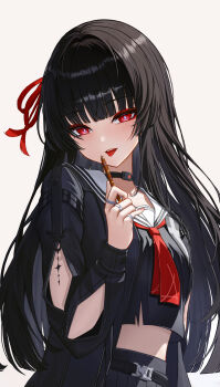 1girl arm_cutout black_choker black_hair black_jacket black_shirt breasts bright_pupils chisa_(wuthering_waves) choker clothing_cutout commentary_request crop_top food hair_ribbon highres holding holding_food holding_pocky jacket long_hair long_sleeves looking_at_viewer medium_breasts mole mole_under_eye neckerchief partial_commentary pocky red_eyes red_neckerchief red_ribbon ribbon sailor_collar shirt smile solo tongue tongue_out upper_body white_pupils white_sailor_collar whoing_x2 wuthering_waves