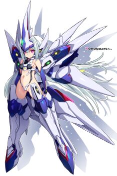 1girl armpit_crease bare_shoulders blue_gloves blue_hair blue_nails blue_wings breasts bright_pupils cameltoe character_request closed_mouth clothing_cutout commentary_request copyright_name drop_shadow elbow_gloves expressionless full_body gloves gluteal_fold hair_between_eyes headgear highleg highleg_leotard highres karukan_(monjya) leotard long_hair mecha_musume mechanical_legs mechanical_wings multicolored_wings navel outline pink_eyes pink_wings revealing_clothes sidelocks small_breasts solo stomach_cutout very_long_hair white_background white_leotard white_outline white_pupils white_wings wings xenogears