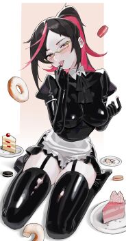 absurdres apron cake food glasses gloves highres latex latex_gloves latex_leotard latex_thighhighs leotard maid_apron pink_hair saaal653 simple_background tagme thighhighs tongue tongue_out