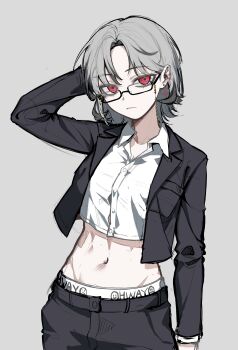 1girl absurdres arm_at_side arm_behind_head baegsaeg_waesyong black-framed_eyewear black_jacket black_pants closed_mouth collared_shirt commentary_request cowboy_shot crop_top cropped_jacket cropped_shirt curtained_hair earrings expressionless glasses grey_background grey_hair hand_up highres jacket jewelry korean_commentary layered_sleeves long_sleeves looking_at_viewer midriff navel ohwayo open_clothes open_jacket panties pants panty_peek project_[i] rectangular_eyewear red_eyes semi-rimless_eyewear shirt short_hair simple_background sketch solo standing underwear virtual_youtuber white_panties white_shirt wing_collar