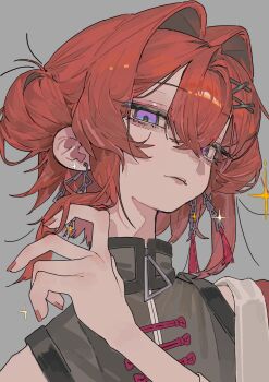 1girl 87yanagi ange_katrina ange_katrina_(7th_costume) chain chain_earrings closed_mouth crossed_bangs eyelashes grey_background grey_shirt hair_between_eyes hair_bun hair_intakes hair_ornament half-closed_eyes hand_up hashtag-only_commentary highres lips long_bangs looking_at_viewer nail_polish nijisanji pankou portrait purple_eyes red_hair red_nails shirt sidelocks simple_background single_side_bun sleeveless sleeveless_shirt solo sparkle tassel virtual_youtuber x_hair_ornament