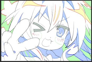 1girl :3 animation_paper blush color_trace hashtag-only_commentary izumi_konata jisil38 long_hair looking_at_viewer lucky_star mole mole_under_eye one_eye_closed open_mouth ryouou_school_uniform sailor_collar school_uniform serafuku star_(symbol) unfinished v